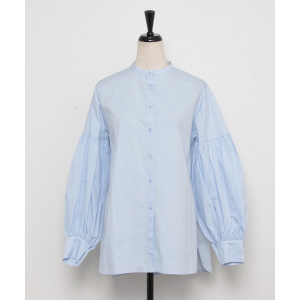 ノーカラーぽわん袖ロングシャツ