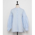 ノーカラーぽわん袖ロングシャツ